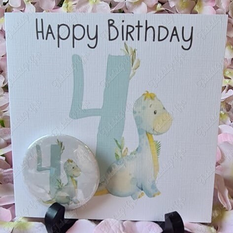 Personalised Dinosaur Number Greetings Card and Badge, Birthday Card, Card and Badge, Greetings Card, Birthday Card and Badge