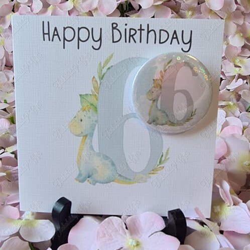 Personalised Dinosaur Number Greetings Card and Badge, Birthday Card, Card and Badge, Greetings Card, Birthday Card and Badge