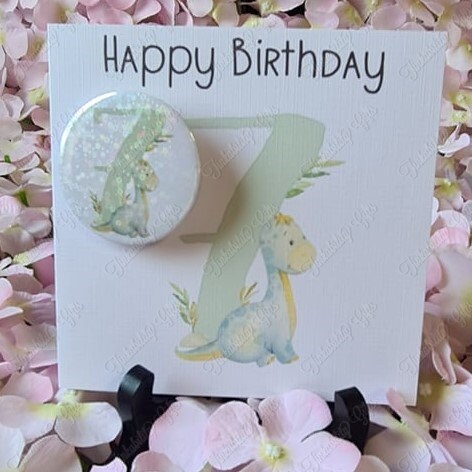 Personalised Dinosaur Number Greetings Card and Badge, Birthday Card, Card and Badge, Greetings Card, Birthday Card and Badge