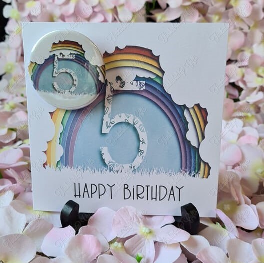 Personalised Rainbow Number Greetings Card and Badge, Birthday Card, Card and Badge, Greetings Card, Birthday Card and Badge