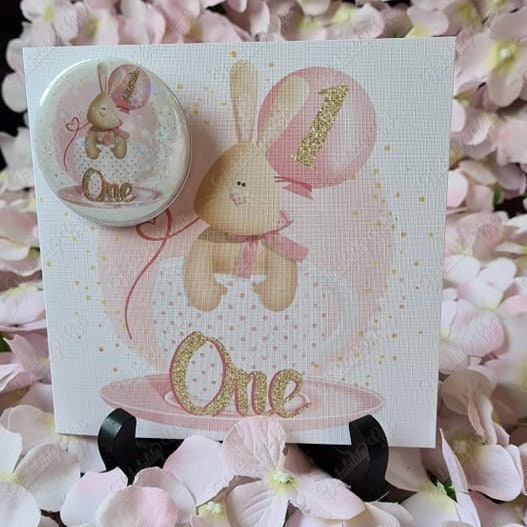 Personalised Rabbit number Greetings Card and Badge, Birthday Card, Card and Badge, Greetings Card, Birthday Card and Badge