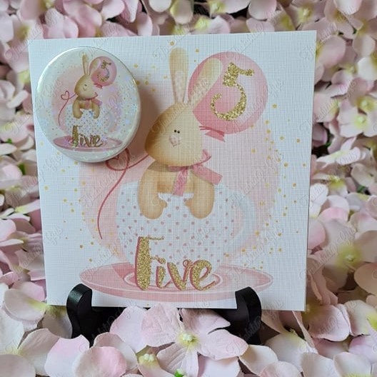 Personalised Rabbit number Greetings Card and Badge, Birthday Card, Card and Badge, Greetings Card, Birthday Card and Badge