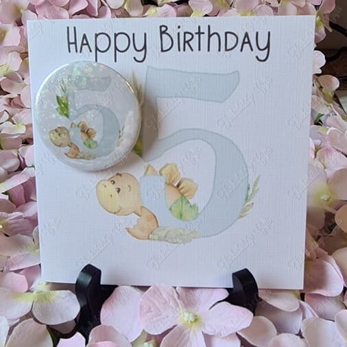 Personalised Dinosaur Number Greetings Card and Badge, Birthday Card, Card and Badge, Greetings Card, Birthday Card and Badge