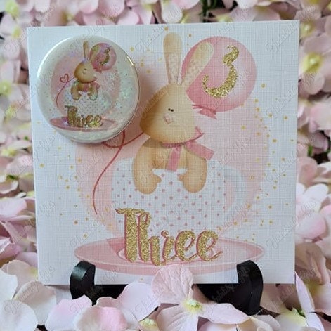 Personalised Rabbit number Greetings Card and Badge, Birthday Card, Card and Badge, Greetings Card, Birthday Card and Badge