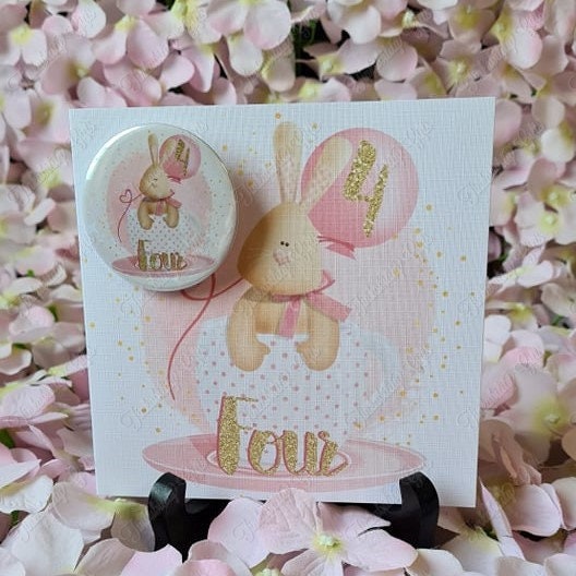 Personalised Rabbit number Greetings Card and Badge, Birthday Card, Card and Badge, Greetings Card, Birthday Card and Badge