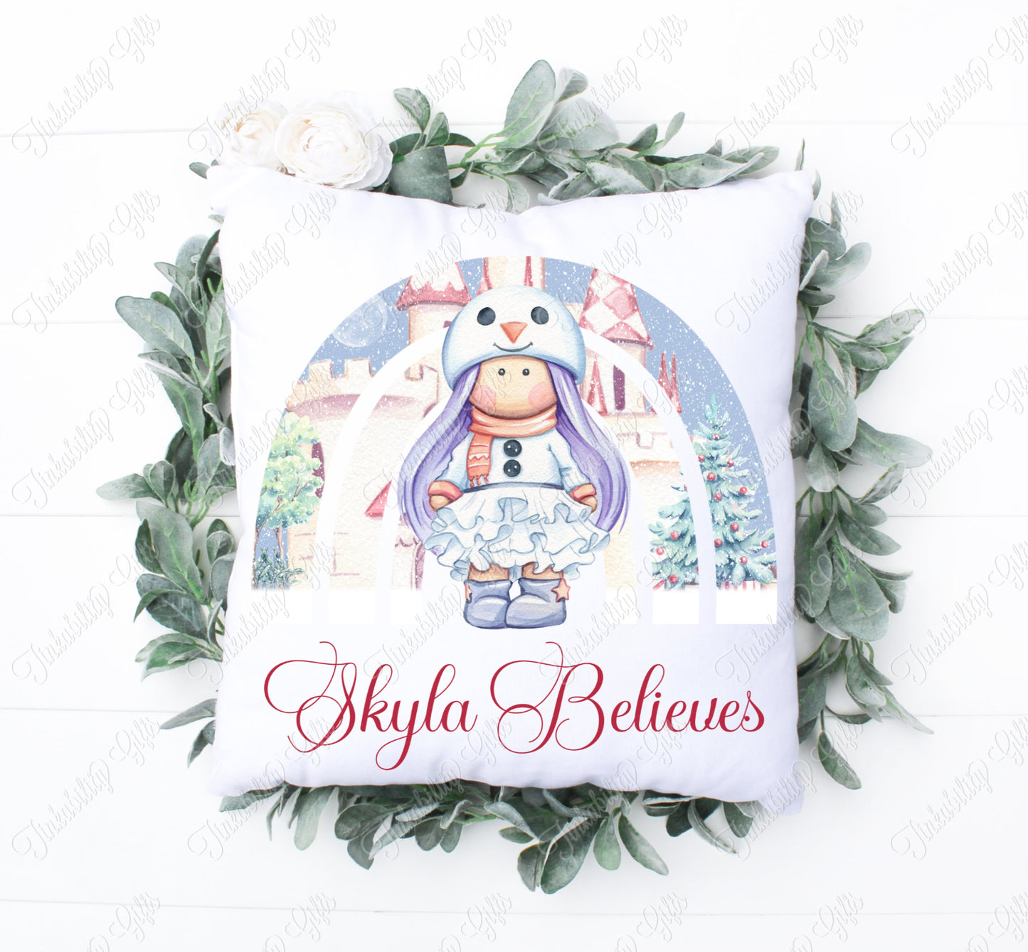 Personalised Girl Snowman Plush Cushion, Personalised Gift, Gifts for Kids, Custom made Cushion