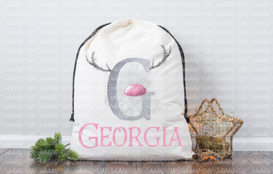 Grey/Pink Reindeer Alphabet Santa Sack