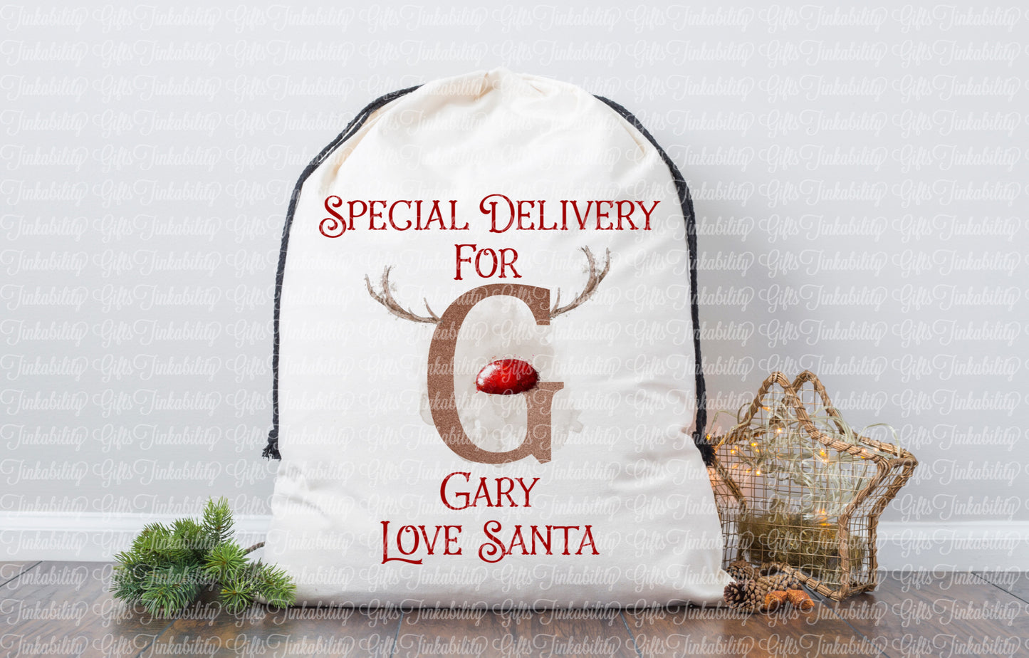 Brown/Red Reindeer Alphabet Santa Sack