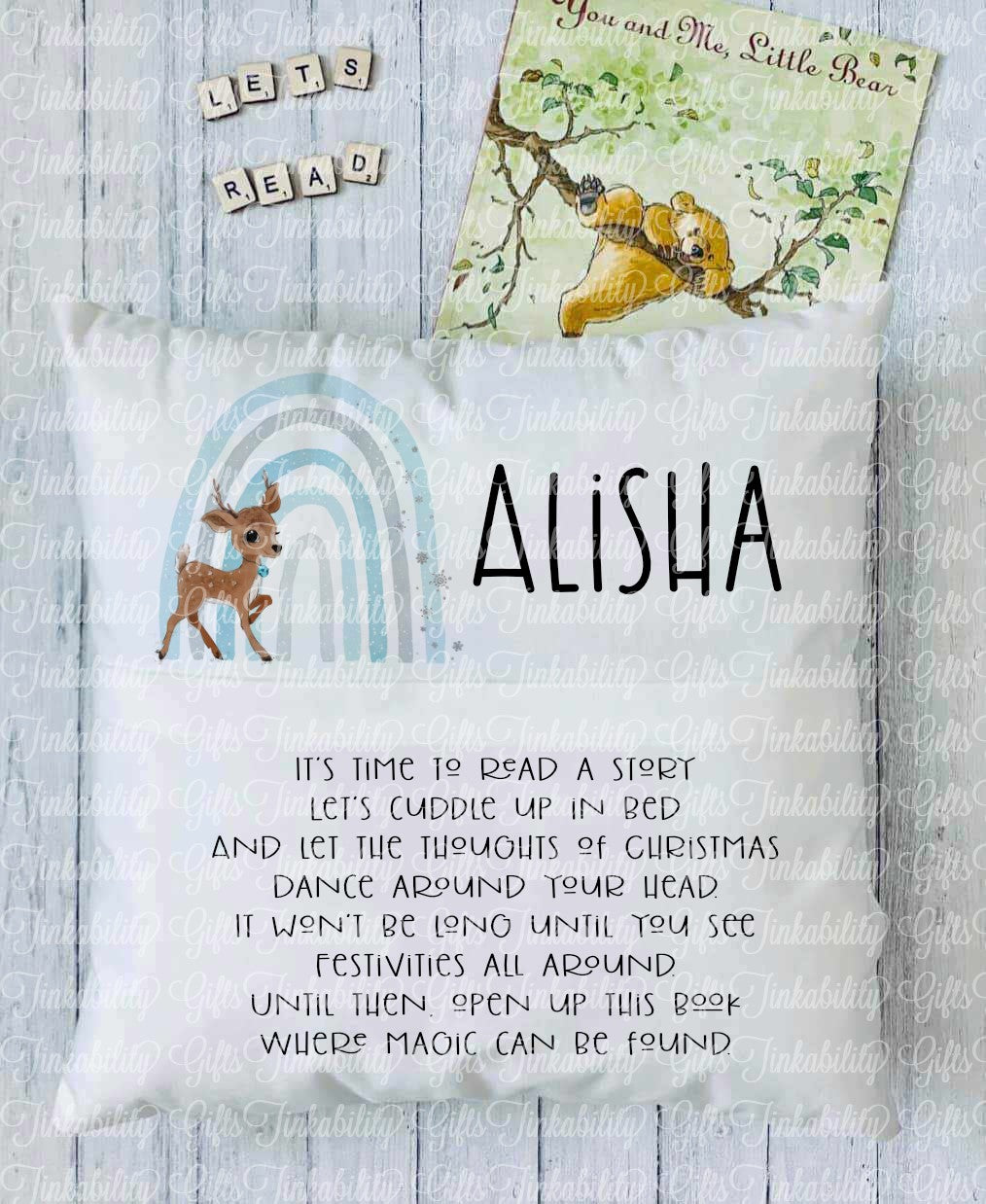 Reindeer Blue Rainbow Personalised Book Cushion