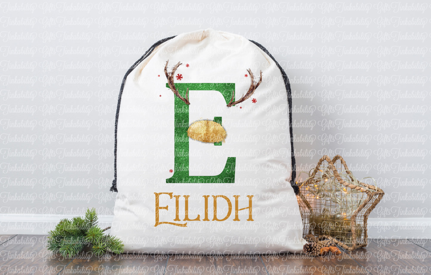 Green/Gold Reindeer Alphabet Santa Sack