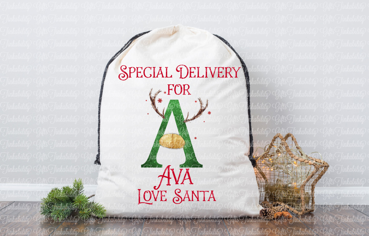 Green/Gold Reindeer Alphabet Santa Sack