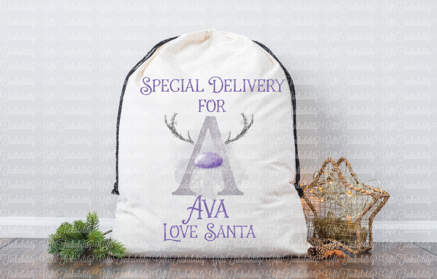 Grey/Lilac Reindeer Alphabet Santa Sack